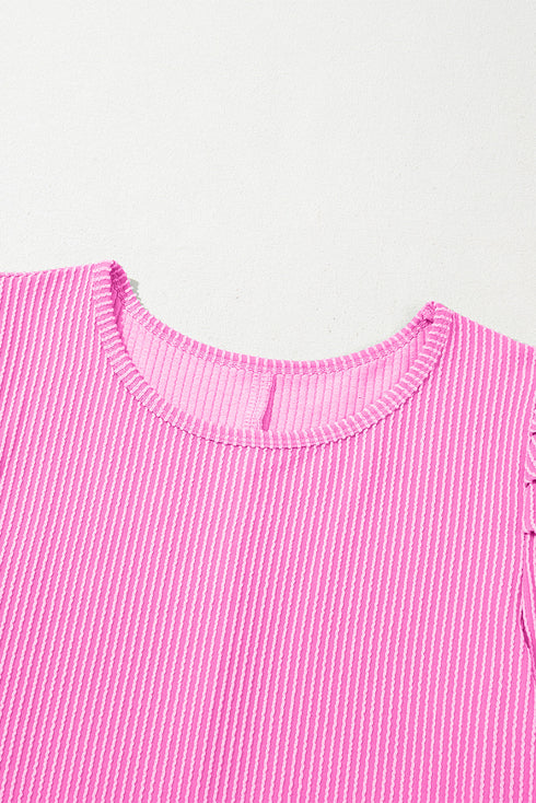 Corded Knit Crew Neck Puff Sleeve Shift Mini Dress